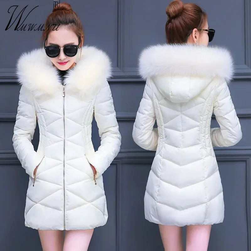 

Slim Hooded Faux Fur Collar Parkas Women Fashion Winter Padded Jackets Mid Length Snow Wear Cotton Coats Solid Color Overcoat