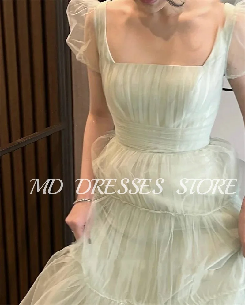 MD A-line Fairy Mint Green Wedding Dresses Puff Short Sleeves Bride Gowns Korea Tiered Photoshoot Square Neck Customized 2025 3