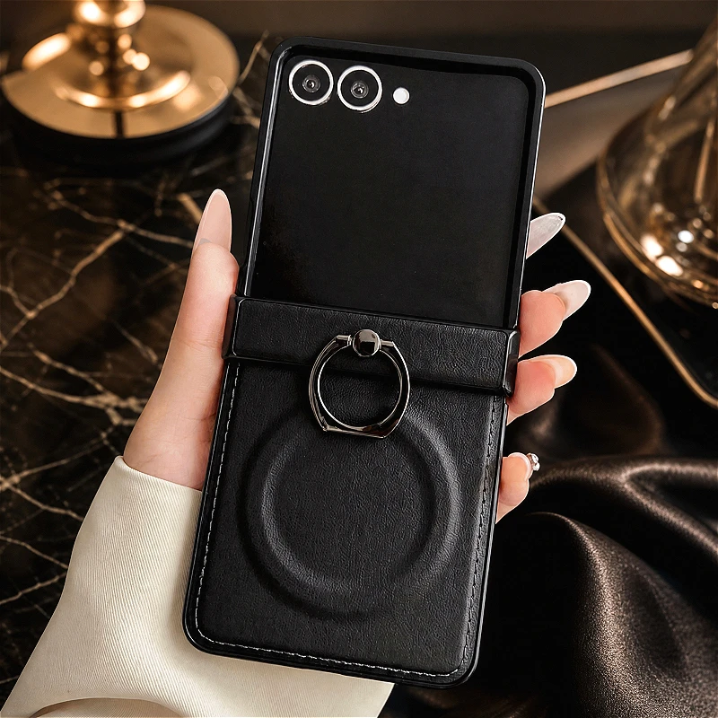 Premium Vegan Leather Magnetic Case with Ring - Luxury Hinge Cover