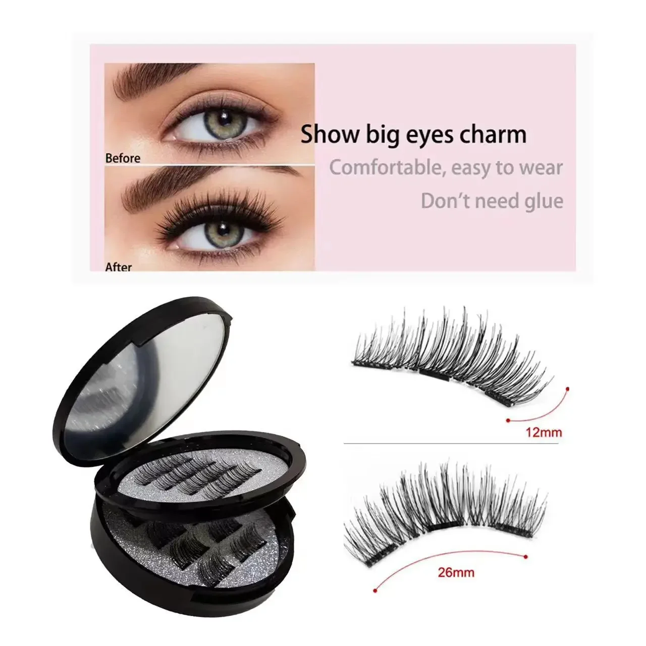 Fake Eyelashes 12pcs Magnetic False Eyelashes Magnetic Half Eyelashes Double Box With Mirror Applicater Reusable Beauty Eye Makeup Set