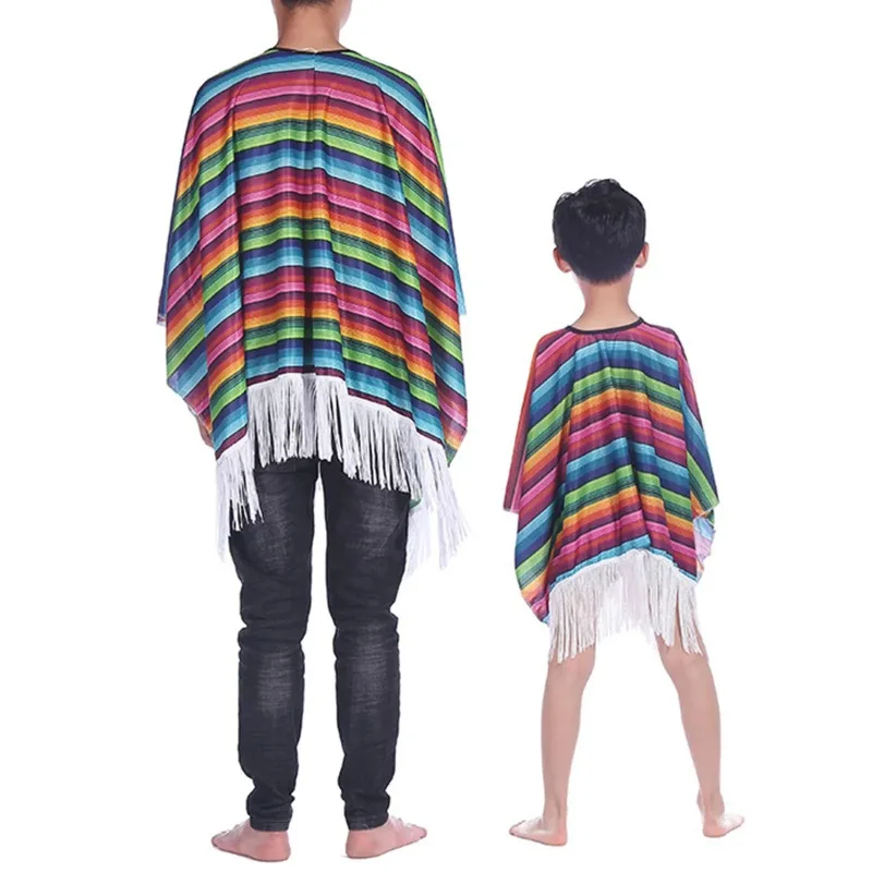 Party Hat Child Adult Mexican Party Costume Colourful Cloak Cape Wide Brimmed Hat Sunglasses Beard Mexican Holiday Halloween Fiesta