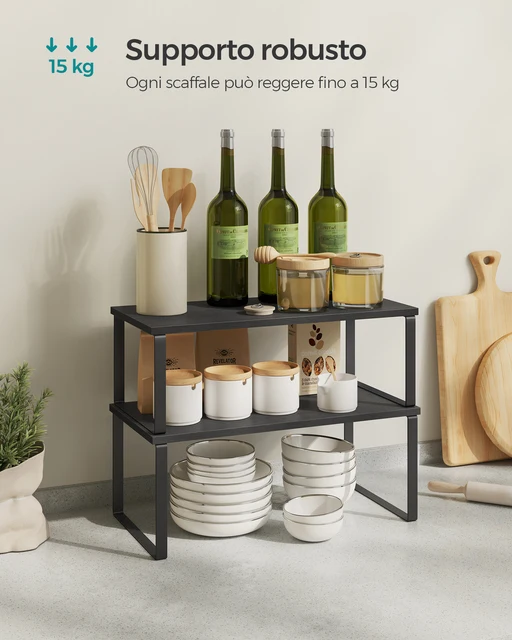 SONGMICS Set di 2 portaspezie espandibili per armadio, organizer da cucina impilabili, metallo/legno, nero inchiostro/nero ebano 3