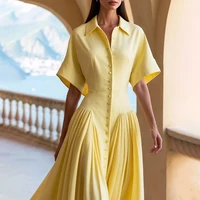 Modigirl Woman Summer Elegant Midi Dresses 2025 High Waist Lapel Neck Short Sleeves Buttoned Flowy A Line Shirt Dress for Women - Image 2