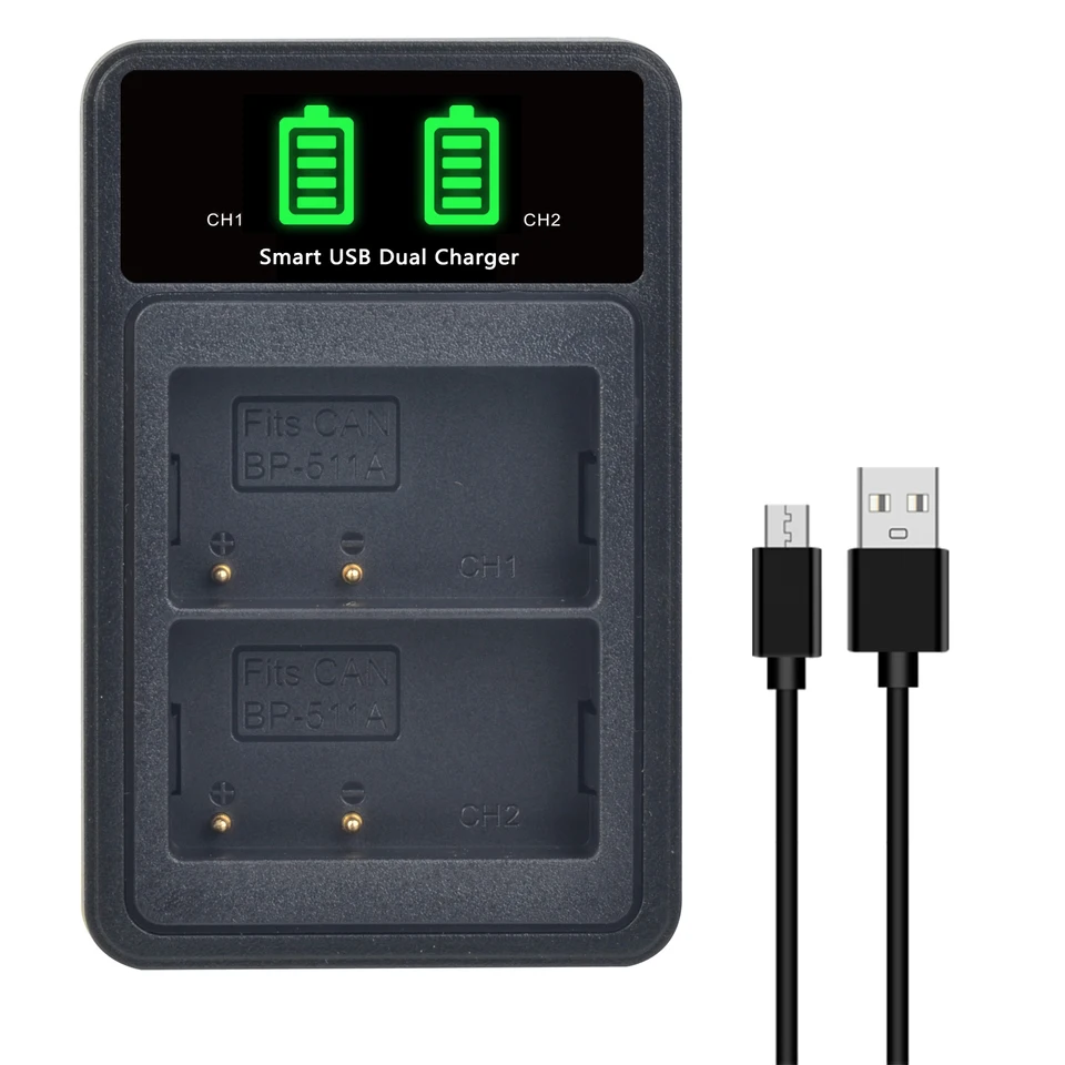 Batteria BP-511 (2 Pezzi) E Caricatore Doppio USB Per Canon EOS 10D, 20D, 30D, 40D, 300D, PowerShot G1-G6 - 2