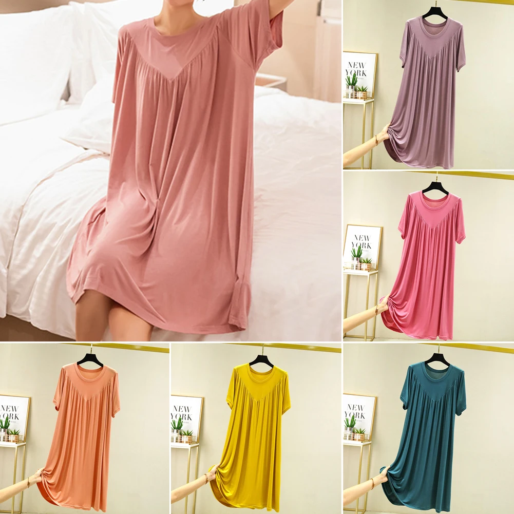 Oversized Super Soft Loose Pajama Dress Short Sleeve Round Neck V-line Pleated Elasticity Casual female loose big size New