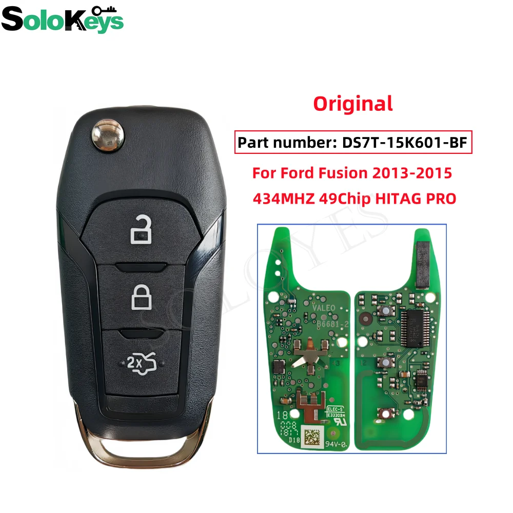 

Номер детали SOLOKEYS: флип-ключ для Ford Fusion, оригинальный, 3 кнопки, 433 МГц, 49 чипов, HITAG PRO с логотипом