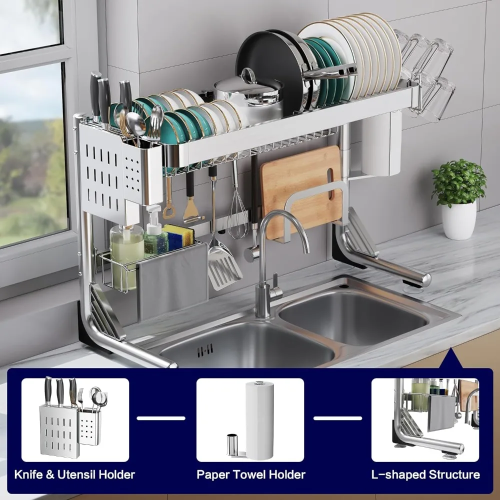 Over The Sink Dish Drainer Drying Rack, 2-Tier Over Sink Dish Drying Rack Stainless Steel Adjustable  Dish Drying Rack Over 5