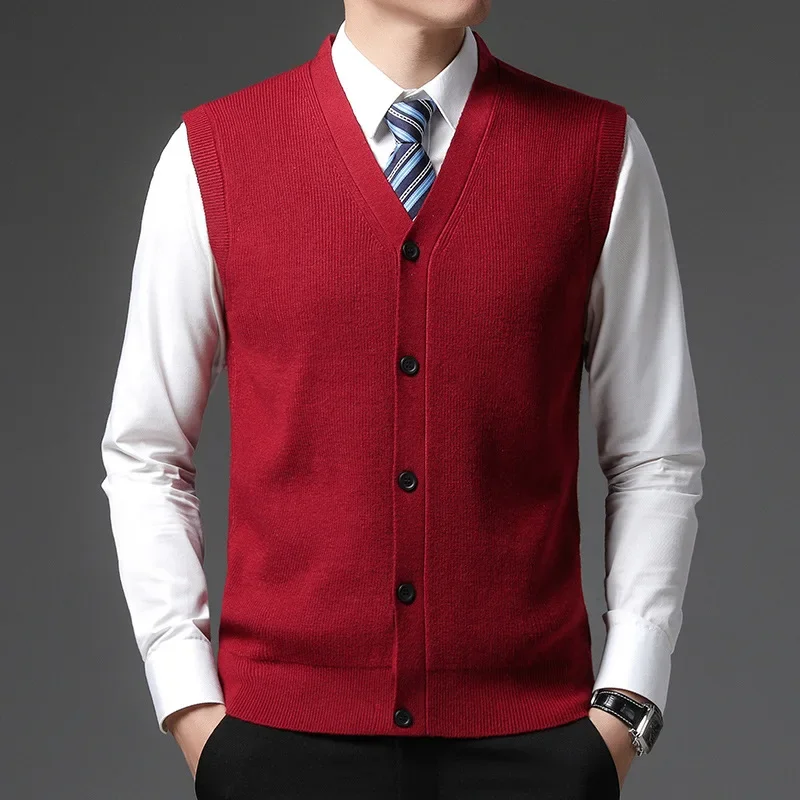 Men's Winter Knit Sweater Vest Young Men's Solid Color All-in-one Wool Vest Cardigan Top Men's Wear 6