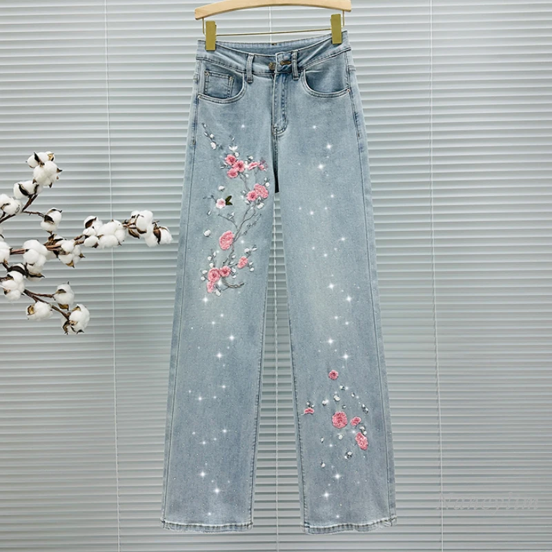

Chinese Style Embroidery Wide Leg Jeans Women's Summer New Light Blue Trousers 2024 High Waist Loose All-Match Rhinestone Pants
