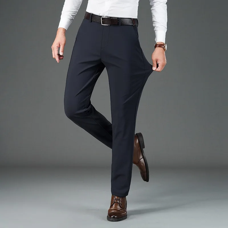 

New Style Milk Silk High Elastic Casual Pants Men's Slim Straight Tube Middle Waist Long Trousers Iron-free Embroidered