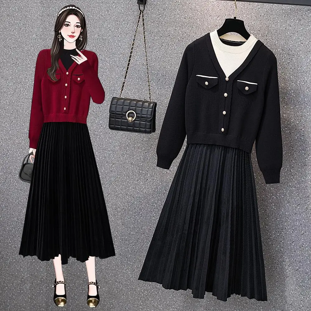 

Casual Fake Two Pieces Knitted Dresses For Women 2023 Female Large Size 4XL Autumn Winter Loose Black White Red Pleated Vestidos