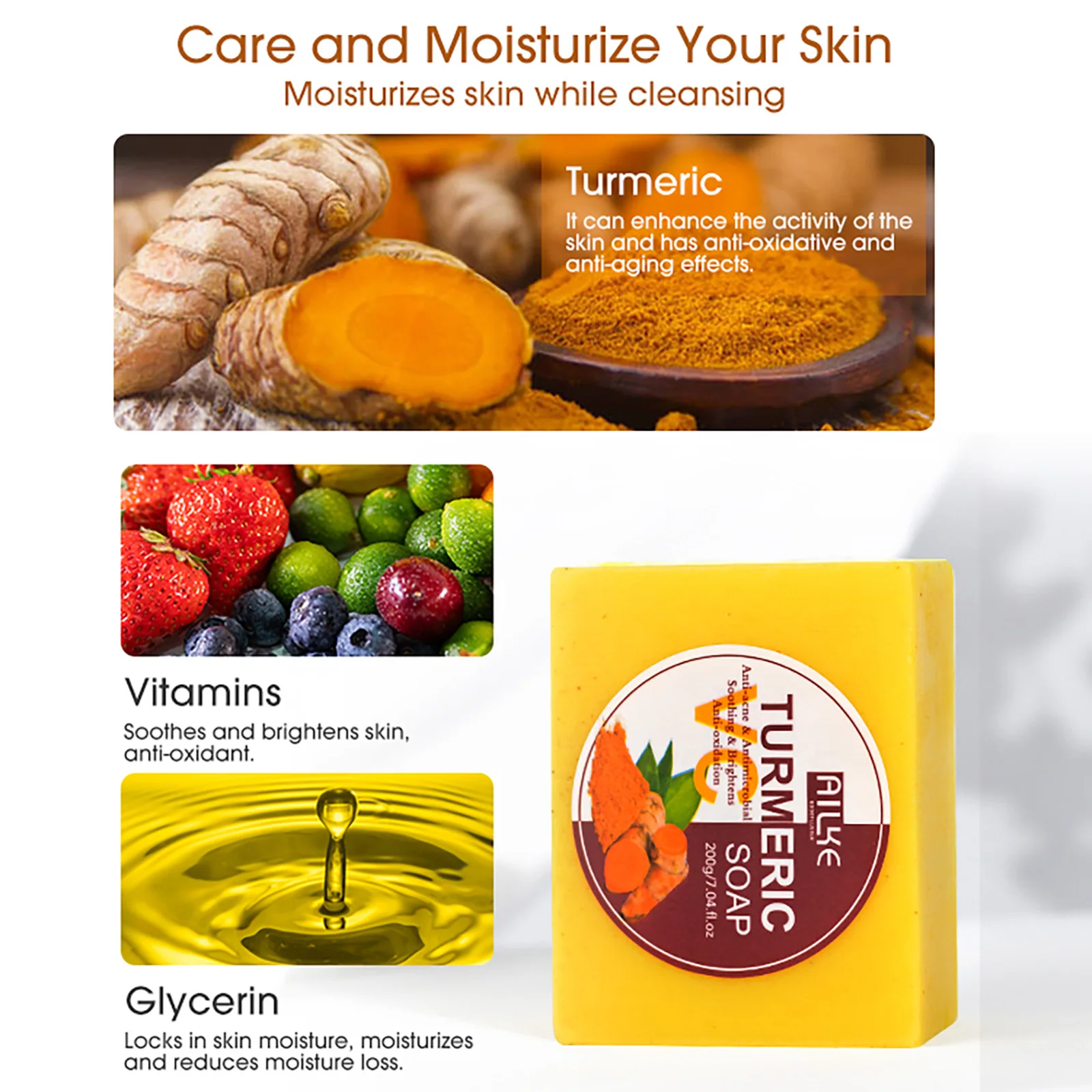 AILKE Natural Turmeric Soap for Face & Body, Lighten, Cleanses Skin, Evens Tone, Sun Damage, & Age Spots, for Private Logo