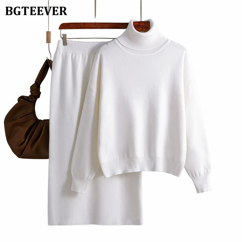 BGTEEVER Casual Loose Female Knitted Skirts Outfits Turtleneck Pullovers Ladies Hip Package Skirts Autumn Winter Sweater Set Wom