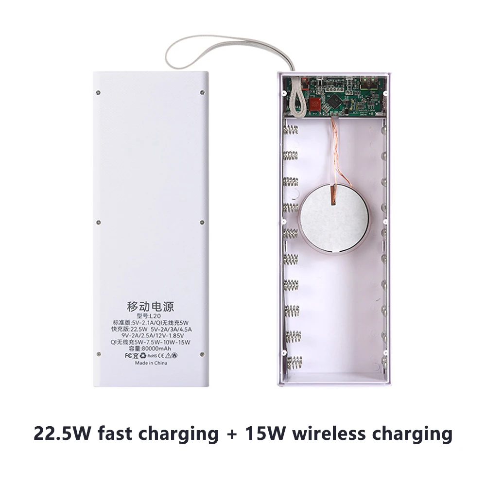 Ghulumn Custodia Power Bank Per 21 Batterie 18650, Con Ricarica Wireless E QC3.0, USB - 2