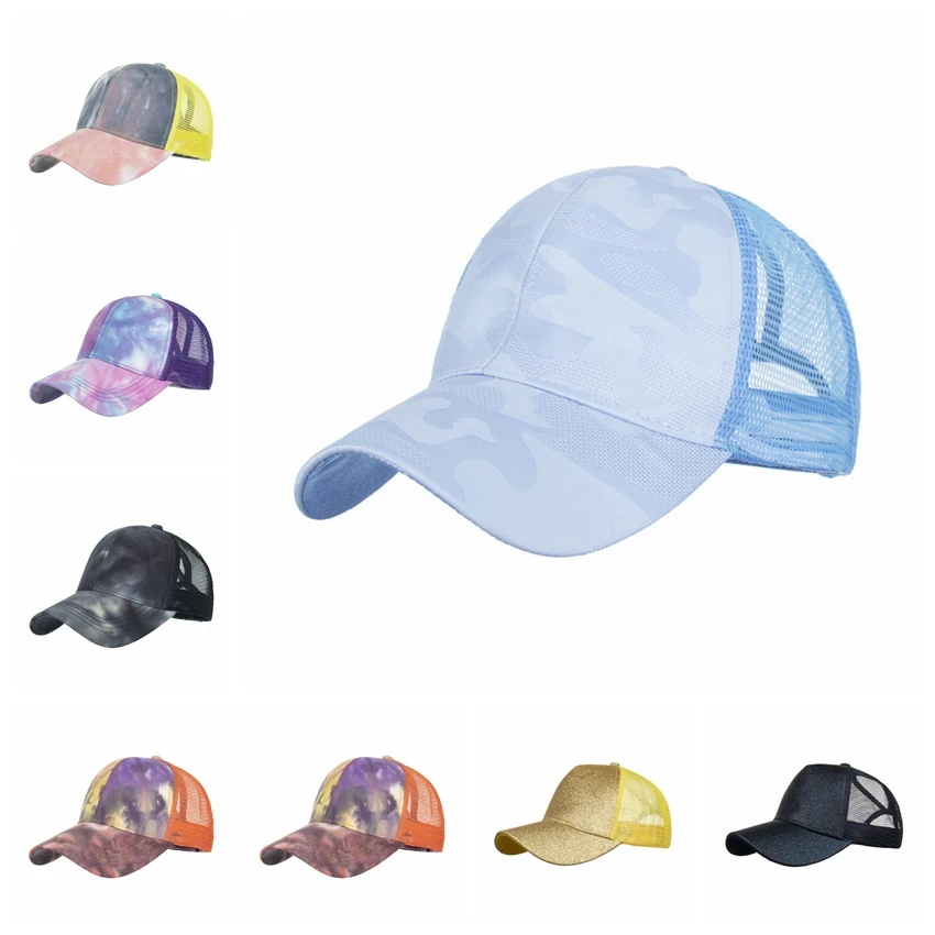 

HanXi New Women Ponytail Baseball Cap Tie dye Criss Cross Hat Summer Lady Hip Hop Snapback Sun Visor