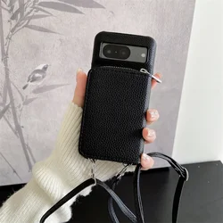 Leather Litchi Wallet Phone Case with Shoulder Strap and Card Holder Stand for Pixel 9 9Pro (Black)
