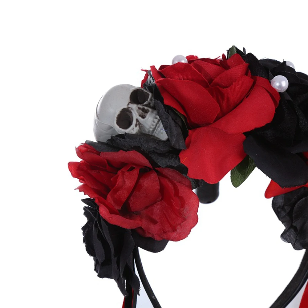 

Day Of Dead Hairbands Bride Lace Veil Corpse Fancy Dress Halloween Costume Party Headpiece Women Black Red Rose Flower Crown