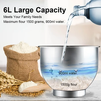 BioloMix 6L 1200W DC Quiet Motor 6-speed Kitchen Food Processors Stand Mixer Cream Egg Whisk Whip Dough Kneader Blender 5