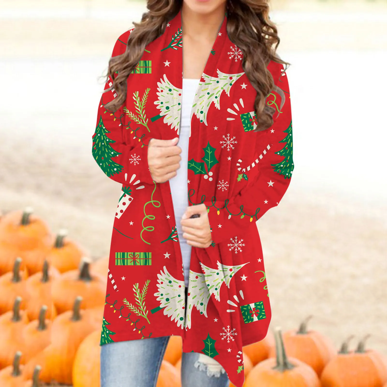 

Women's Christmas Tree Sonwman Print Cardigan Autumn Long-Sleeve Korean Popular Clothes 2023 New Outerwear y2k Clothing Jackets