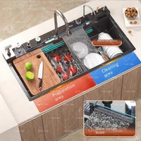 Stainless Steel Waterfall Kitchen Sink With Knife Holder Embossed Extra Large Single Slot Digital Display Faucet Set 2