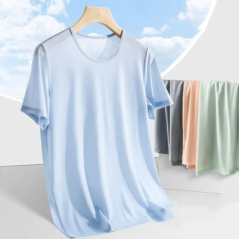 Man Workout Undershirt Ice Silk Solid Color T-Shirts Male Thin O-neck Short Sleeves Tank Top Quick Dry Breathable Pullover Shirt
