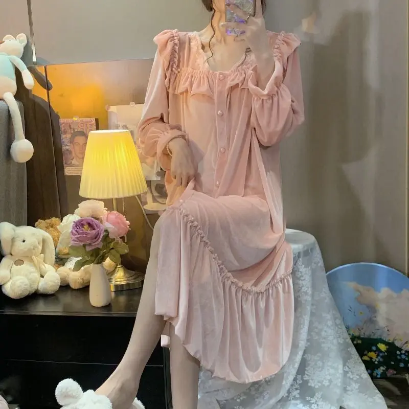 Vintage Velvet Nightgown Women Kawaii Clothing Long Sleeve Sleepwear Luxury Brand Loungewear Korean Chic Pajamas Night Wear
