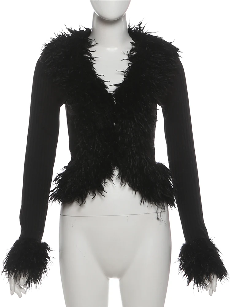 Nibber Patchwork Knit Fluffy Cardigan Women v-Neck Winter Trend Full Sleeve Street Sexy Midnight Skinny Wild Classic Crop Tops