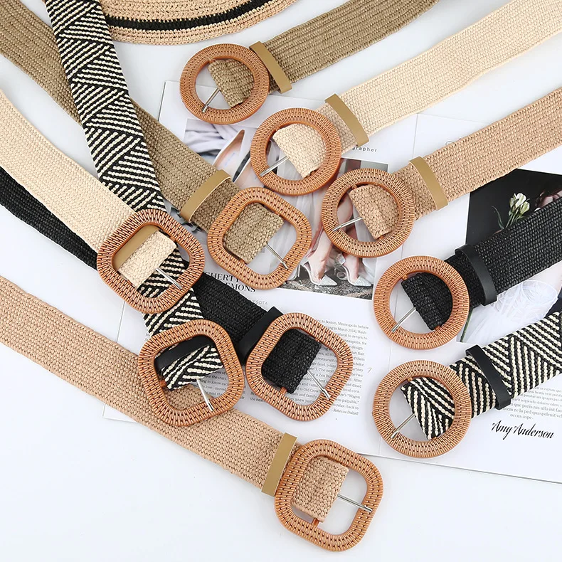 

New Korean version cotton linen style PP grass woven belt, women's round square button dress, long shirt decoration belt