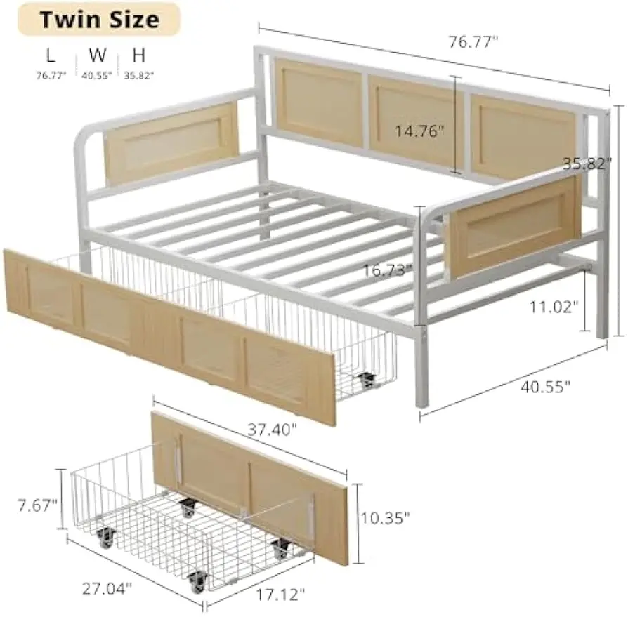 Twin Daybed, Day Bed with Storage Drawers, Corner Bed Frame with Strong Supports for Living Room, Bedroom  and Guest Room