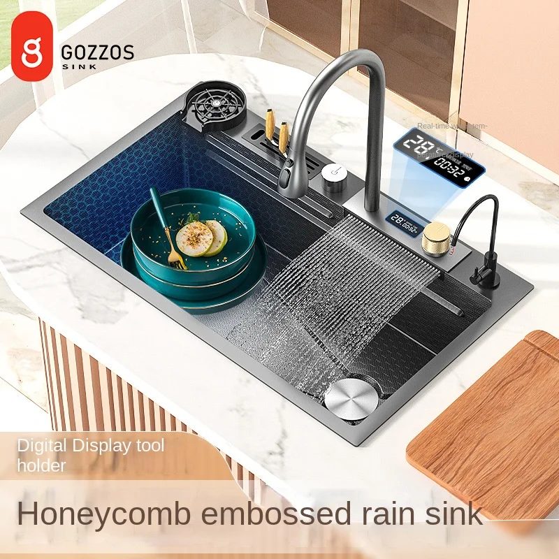 Waterfall Sink Embossed Honeycomb Kitchen 304 Stainless Steel Sink Large Single Slot Household Vegetable Washing Basin 3