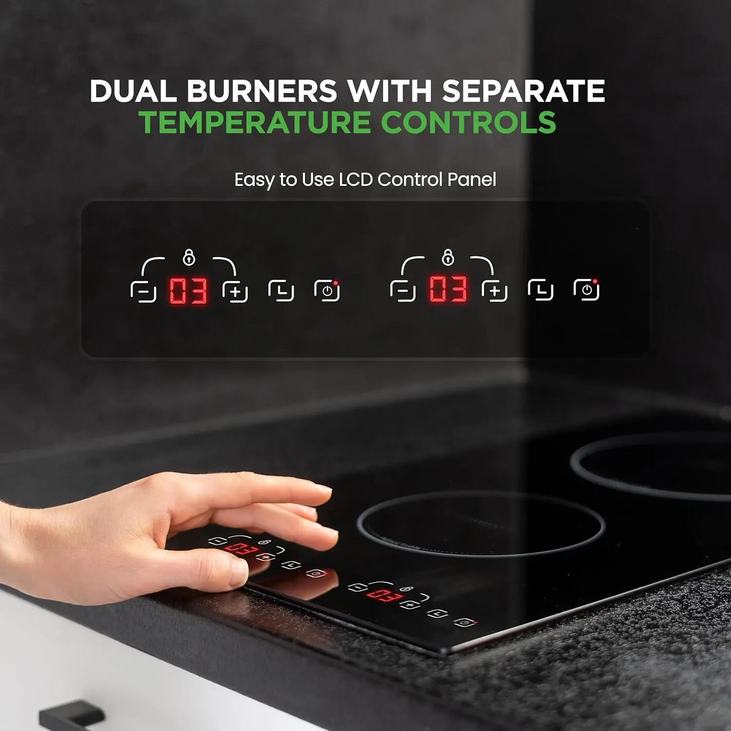 Cooktop 2 Glass Induction Burner Zones Adjustable Temperature Settings-1800W Electric CookerDigital