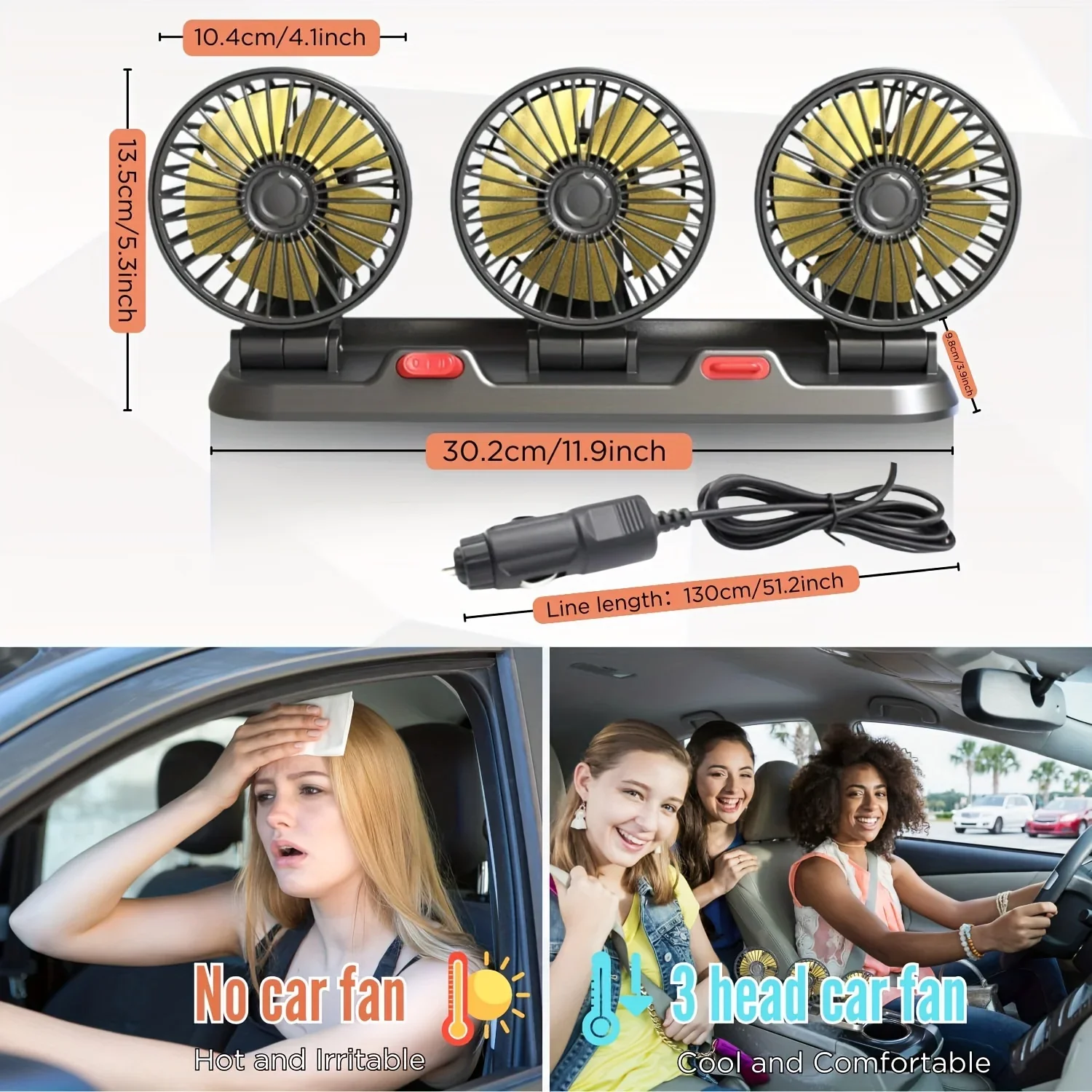 Car Fan 360° Adjustable 3 Head Air Fan Automotive Electric Fan USB/12V/24V Fan 2 Speeds Car Silent Fan For Home Desk Office&Car