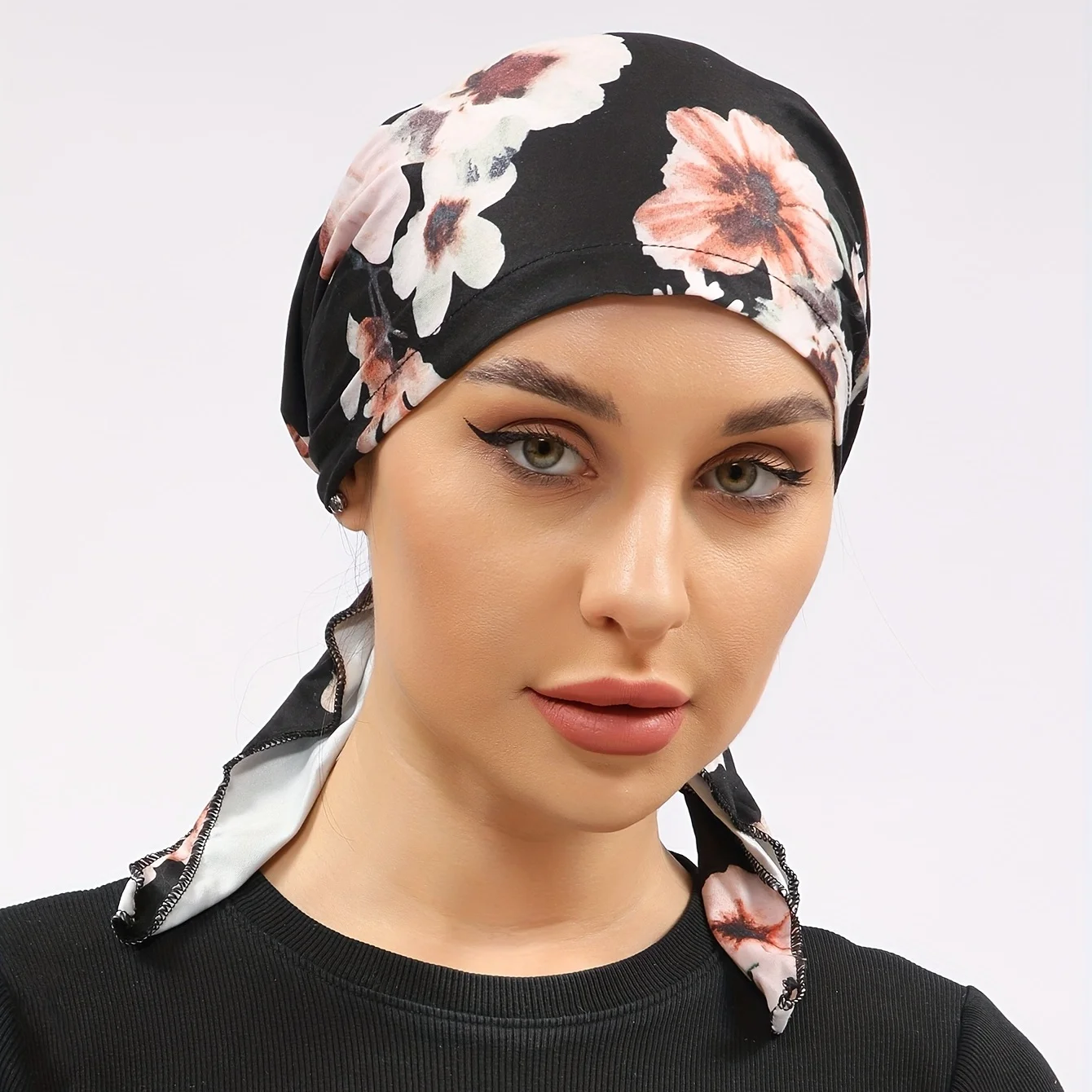 

Женский мусульманский хиджаб, шапка-тюрбан с черным принтом и цветком для рака гемиотерапии, головной платок против выпадения волос, шарф-повязка, головной убор, бандана