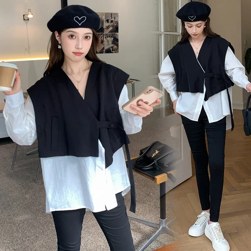 Autumn Winter Maternity Shirt Set with Pencil Pants Fake Two-Piece Design Belly Support Fashionable And Comfortable