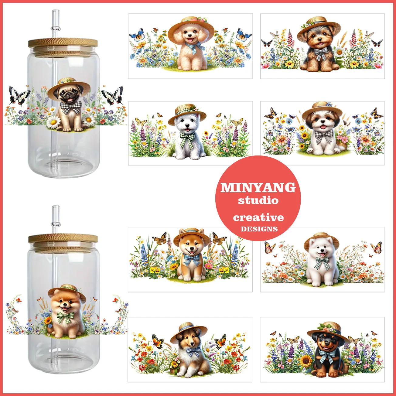 Lovely dog peel waterproof DIY Decals 3D transfers uvdtf crystal stickers 16oz uv dtf cup wraps for Libbey Glasses 3d Stickers Cup Wraps Uv Dtf Wrap Transfer
