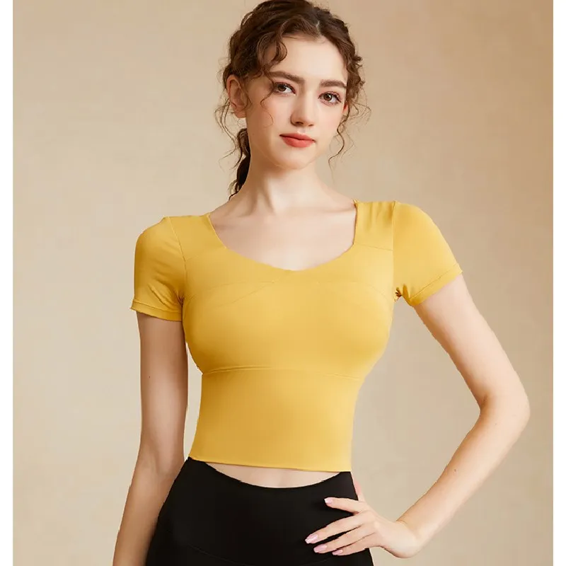 Women's Sports T-shirt Quick Dry Breathable Workout Training Short Sleeve Yoga Crop Top Fitness Gym Slim Clothes With Chest Pad