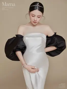 Dvotinst Women Photography Props White Elegant Puff Sleeves Maternity Dresses Off-shoulder Pregnancy Dress Studio Photoshoot 6