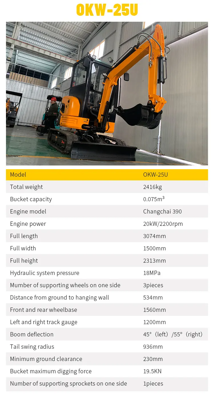 Maßgeschneiderte 2,5-Tonnen-Baggermaschinen, landwirtschaftliche Werkzeuge, OKW25 Minibagger, Euro 5 EPA-Motor, Raupen-Minibagger-Aufsätze – Detail 5