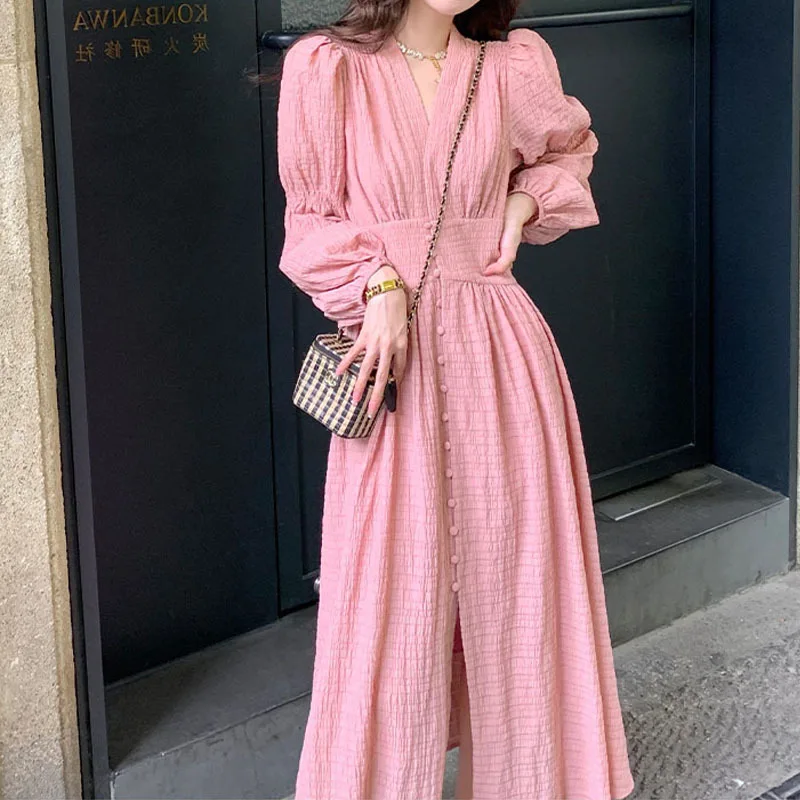 

Vintage Maxi dress for women Lantern Sleeve V neck Single Breasted Slit dresses Autumn Elegant Slim Female Evening Dress Hot