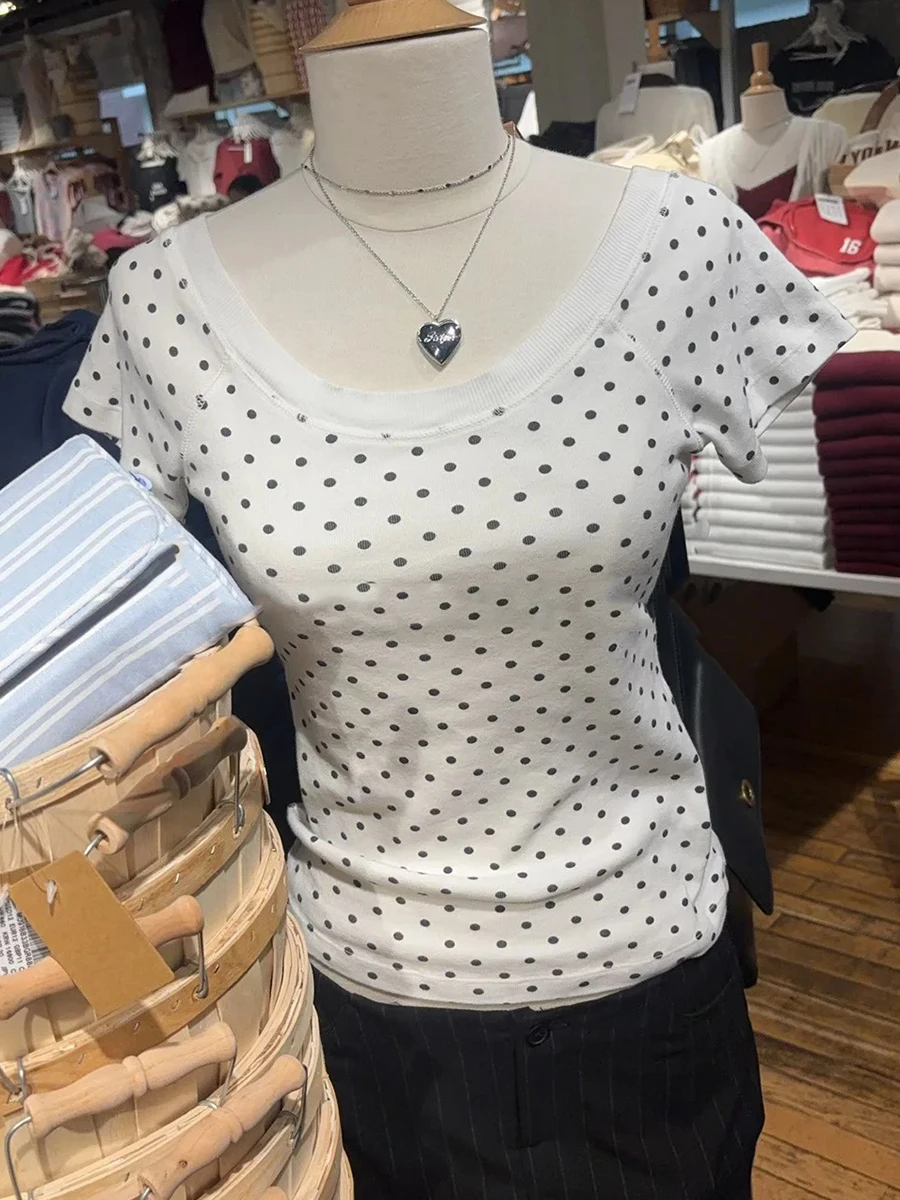 Slash Neck Short Raglan sleeve Cotton Tee Shirts Women Casual Preppy Style White Slim Tshirts Female Sweet Polka Dot T-shirt Y2K 2