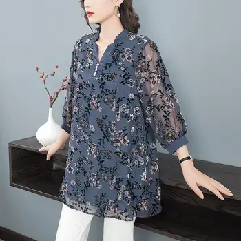 Vintage Elegant Printed Chic Hollow Out Chiffon Midi Blouse Female Clothing Spring Summer 3 4