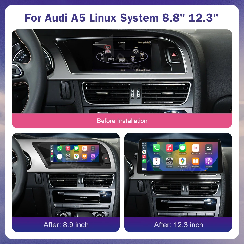 Linux 8,9/12,3 pulgadas pantalla táctil Multimedia para coche para Audi A5 2008-2016 con función inalámbrica CarPlay Android Auto Airplay 3