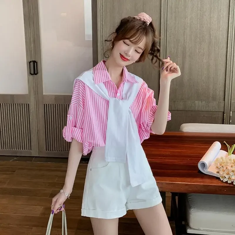 

Loose half-sleeved striped shirt female fashion college style ageing half-body skirt two-piece suit summer Netroots with models