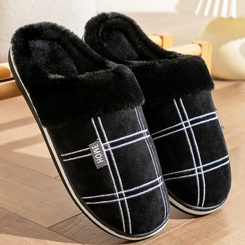 Pmoiste Soft Flannel Flu Plaid House Slippers Men Comfortable Memory Foam Cushion Warm Living Room Shoes Slip-on Winter Indoor