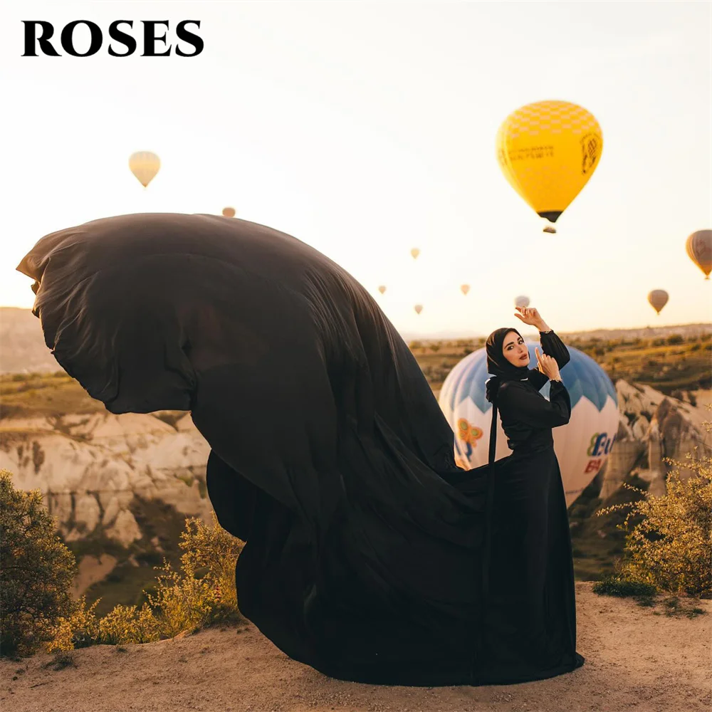 

ROSES Black Beach Chic Woman Evening Dress Gown High collar Ball Gown with Long Sleeves Stain Night Dress Gown robes de soirée