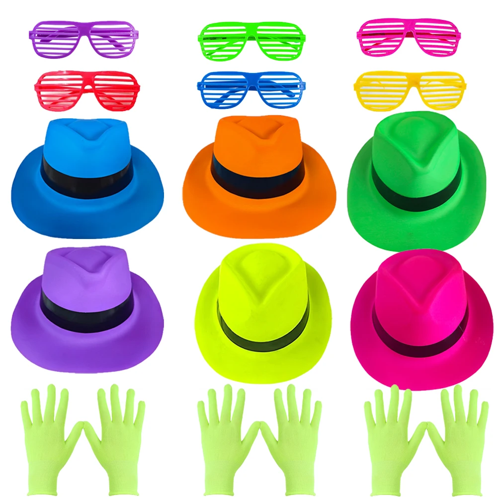 Neon Party Supplies Hats Gloves Glasses 80s 90s Disco Birthday Gangster Party Music Props Decor Yellow Pink Blue Orange