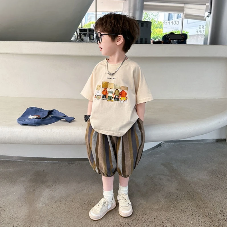 Boys Pure Cotton Summer Set Loose Short Sleeved Children's Clothing T-shirt+7-point Shorts New Baby Boy Thin Two-piece Set