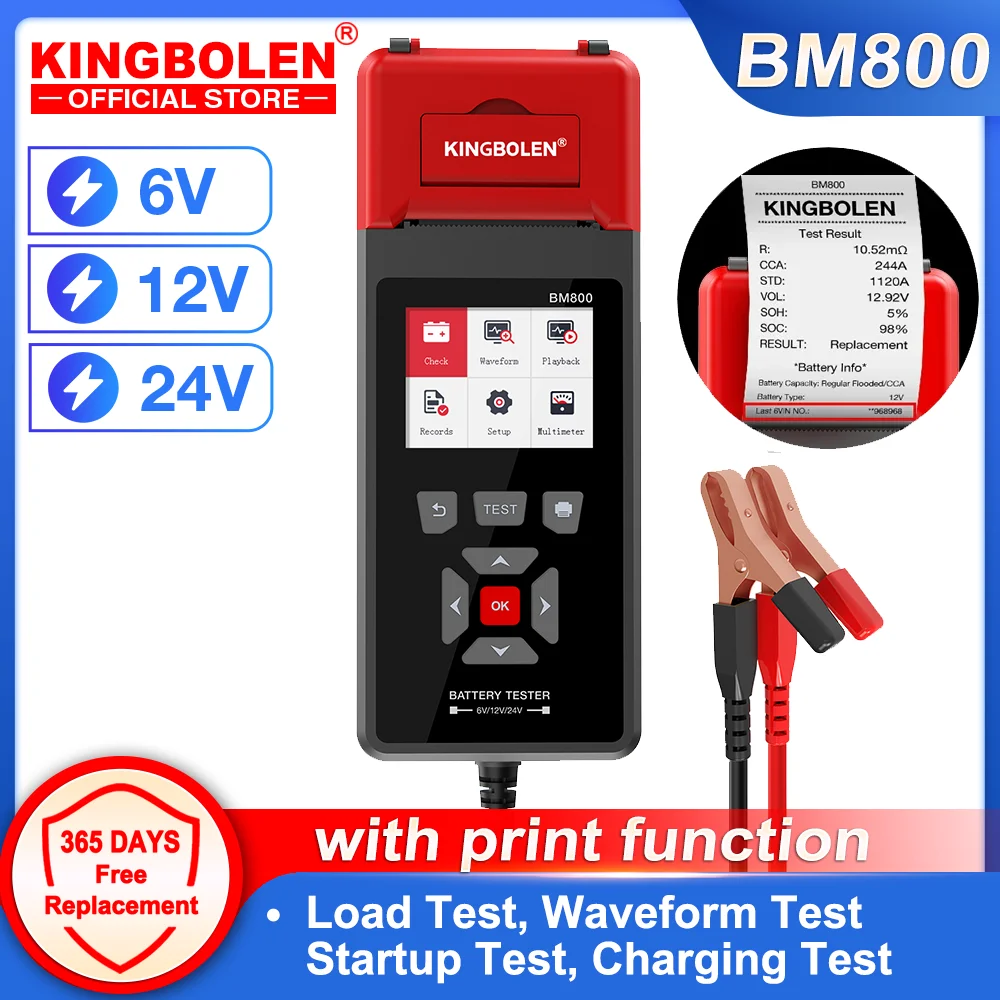 KINGBOLEN BM800 자동차 배터리 테스터 (프린터 포함) 6V 12V 24V 배터리 분석기 크랭킹 충전 테스트 최대 부..