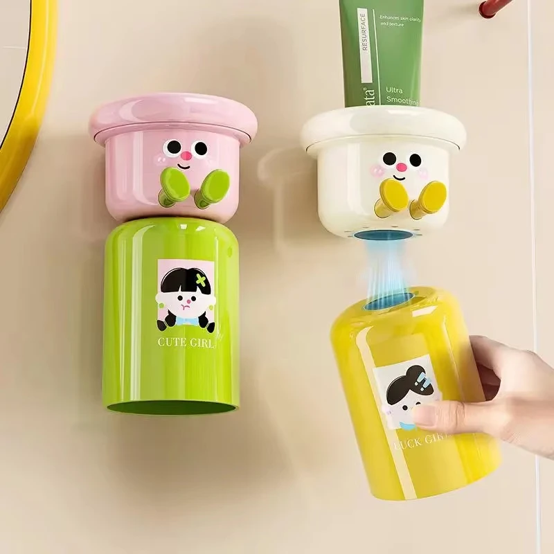 Cartoon Magnetic Toothbrush Holder Punch-Free Upside Down Wall Mounted Bathroom Storage Rack Gargle Cup Organizer_voghion.com