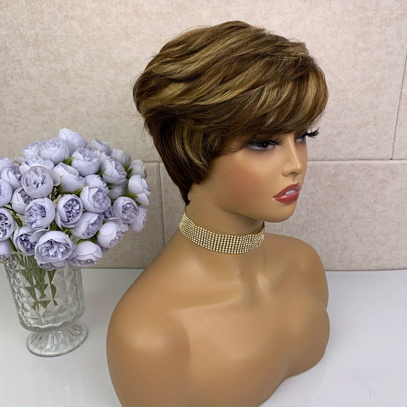 Pixie Cut Wig With Bangs Short Straight Mixed Color Remy Brazilian Human Hair Full Machine Made wig human hair wigs